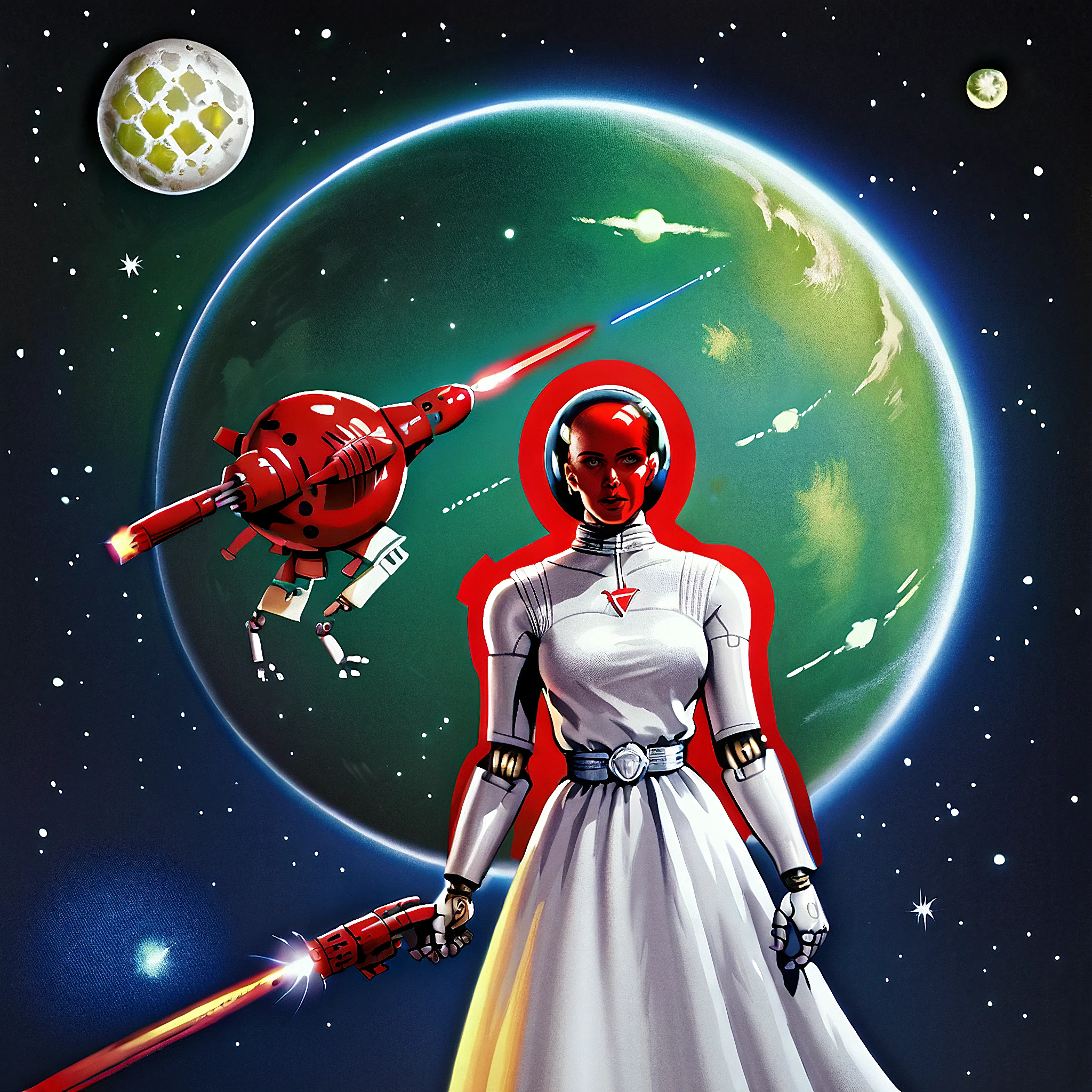 score_9, score_8_up, score_7_up, score_6_up, score_5_up, score_4_up, source_cartoon, BREAK, a beautiful space princess leading an army of robotic soldiers, silver dress, red lipstick, laser blaster, robots, lioncom, retrostyle, space station, moon, planets, space ships, facing viewer, cowboy shot,