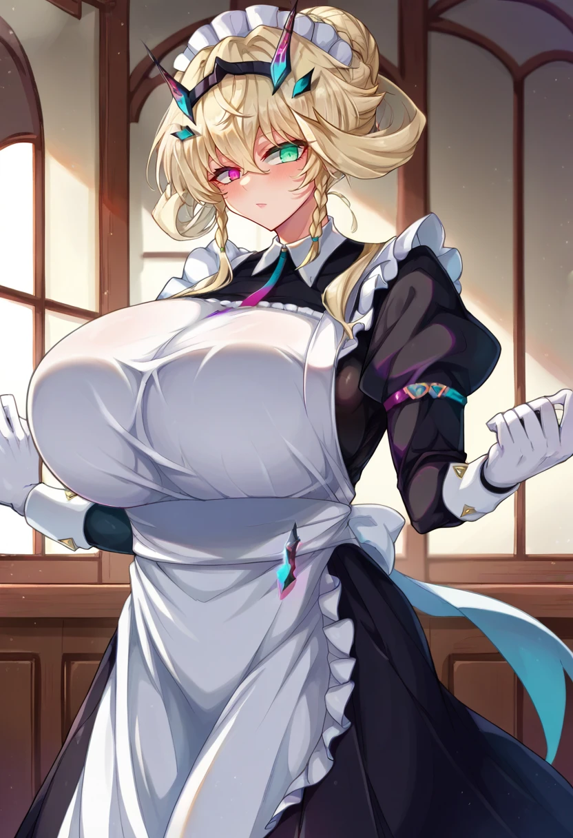 score_9, score_8_up, score_7_up, source_anime BREAK 1girl, solo, looking at viewer, cowboy shot,  <lora:Barghest_Sdxl:0.9>, Barghest_Maid, platinum blonde hair, twin braids, short hair, sidelocks, hair up, hair bun, heterochromia, glowing eyes, maid headdress, frilled dress, pleated dress, juliet sleeves, maid apron, collar, black skirt, long skirt, white gloves, huge breasts, curvy, indoors, vila, marble floor, glass table, day, window,     <lora:Creamcod-Style-PonyXL-000019:1>