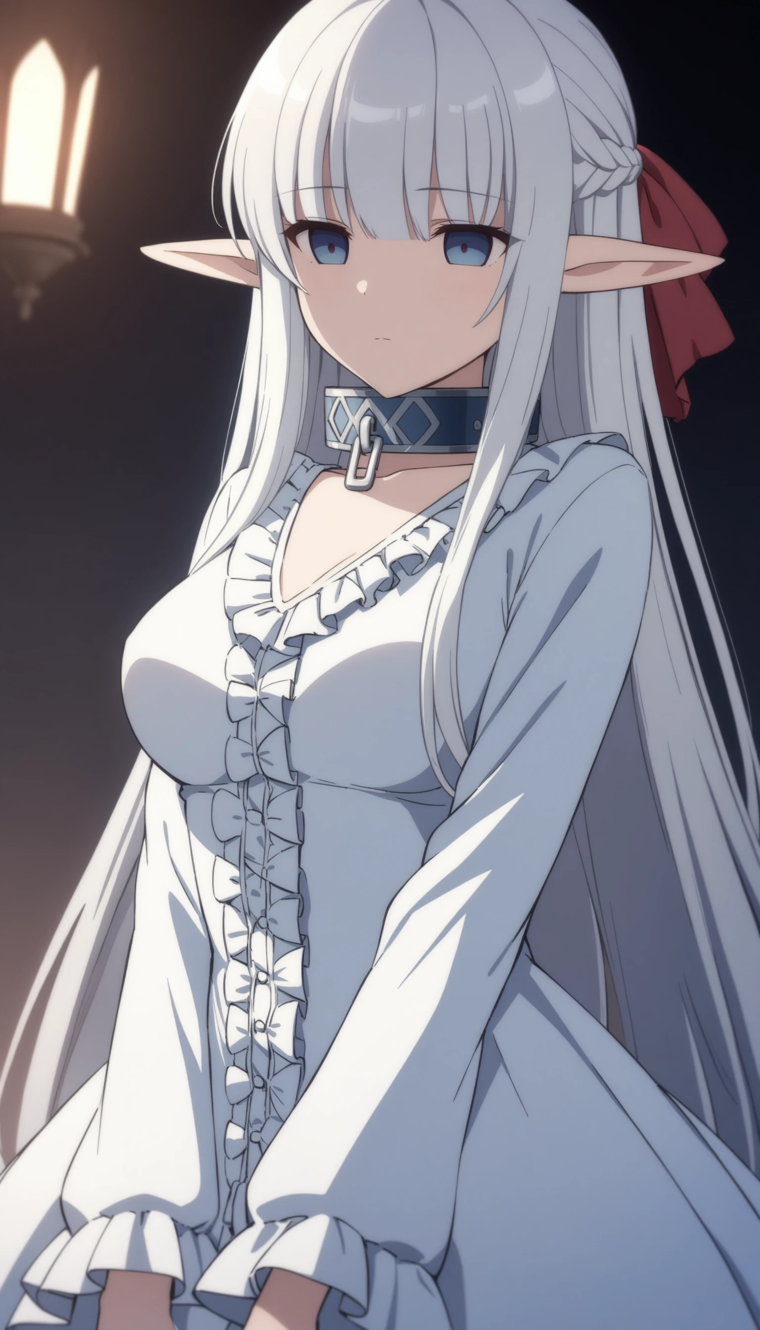 (masterpiece, best quality, very aesthetic, ultra detailed), intricate details,
1girl, nephilia, elf, collar, medium breasts, white dress, frilled dress, long sleeves, frills, empty eyes, expressionless,   <lora:NephiliaXL:0.8>