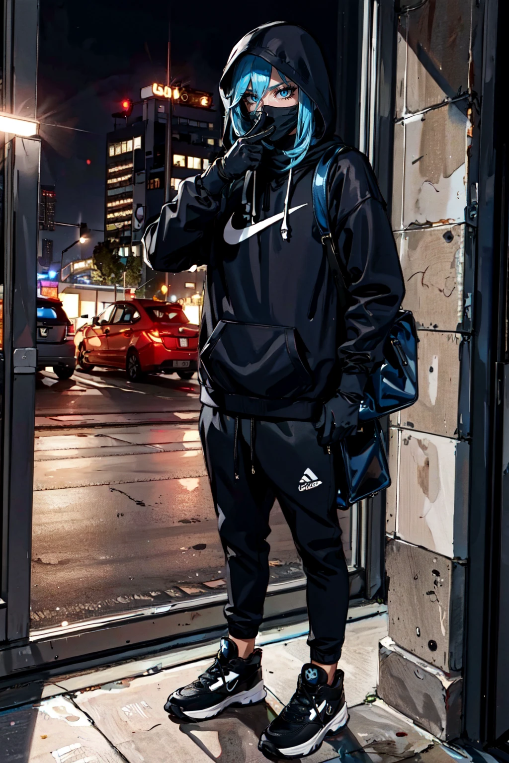 (masterpiece, highres, detailed),full body,<lora:Vivy:0.5>,VivyA,blue hair,<lora:ukdrill-04:0.8>,ukdrill,black hoodie,hood up,black gloves,glowing,night,bag,scarf,covered mouth,middle finger,