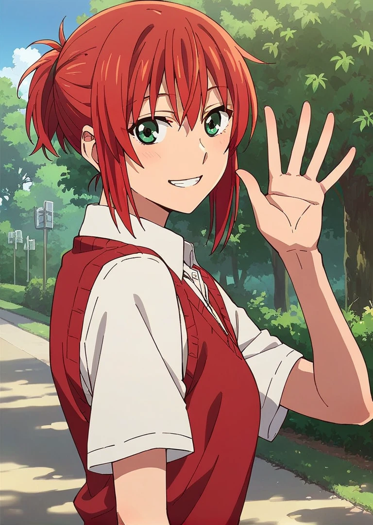 score_9, score_8_up, score_7_up, 1girl, Hatori Chise, green eyes, red hair, short hair, short ponytail, red sweater vest, white shirt, looking at viewer, smile, waving, outdoors, 