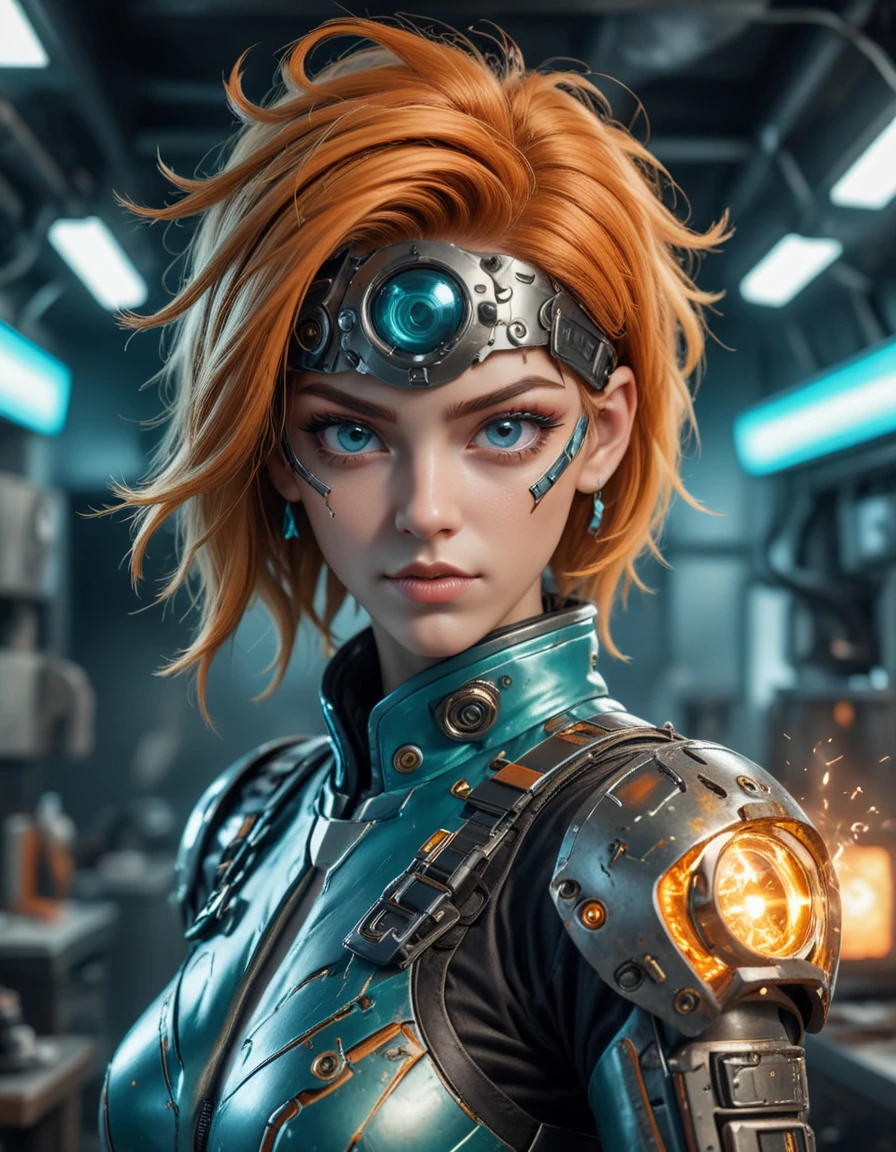 symmetry!!! closeup portrait of a cyborg chef girl, fashion racing jumpsuit with shiny shoulder pads, cinematic light, windy, teal orange, volumetric smoke, mist, by gerald brom, by mikhail vrubel, by peter elson, muted colors, extreme detail, trending on artstation, 8 k, advanced quantum computing center, qubit processors, quantum encryption, computational breakthroughs <lora:59c2cc3f-e6d0-419a-b9cf-678143e1e9e4:0.7>