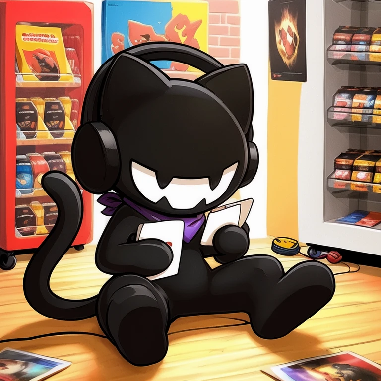 (best quality, high quality:1), <lora:fluffyrock-quality-tags-v4:1>, monstercat, black cat, short, black headphones, purple bandana, black tail, smile, anthro, sitting, looking down,
holding photo cards in hands, red yo-yo, photo cards on floor, yellow skateboard with red wheels, vending machine background,  <lora:Monstercat_LoRA_v1.0:0.75>