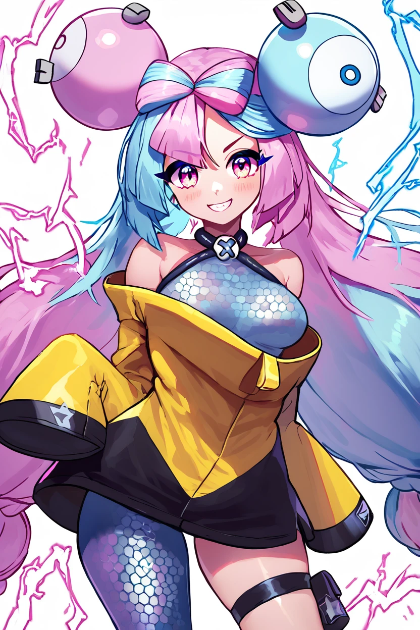 score_9, score_8_up, score_8, medium breasts, (curvy), cute, eyelashes,       zzionopokemon, solo, 1girl,  long hair, pink eyes, blue hair, pink hair, light blue hair, multicolored hair, bow-shaped hair, yellow jacket, sleeves past fingers, single leg pantyhose, thigh strap  smile, looking at viewer, cowboy shot,  electricity,   energy, glowing, swirling energy, dynamic pose,   <lora:Iono_Pokemon_P1:0.8>, <lora:BoldCAT_P3:0.8>, <lora:Aura_P1:0.8>,