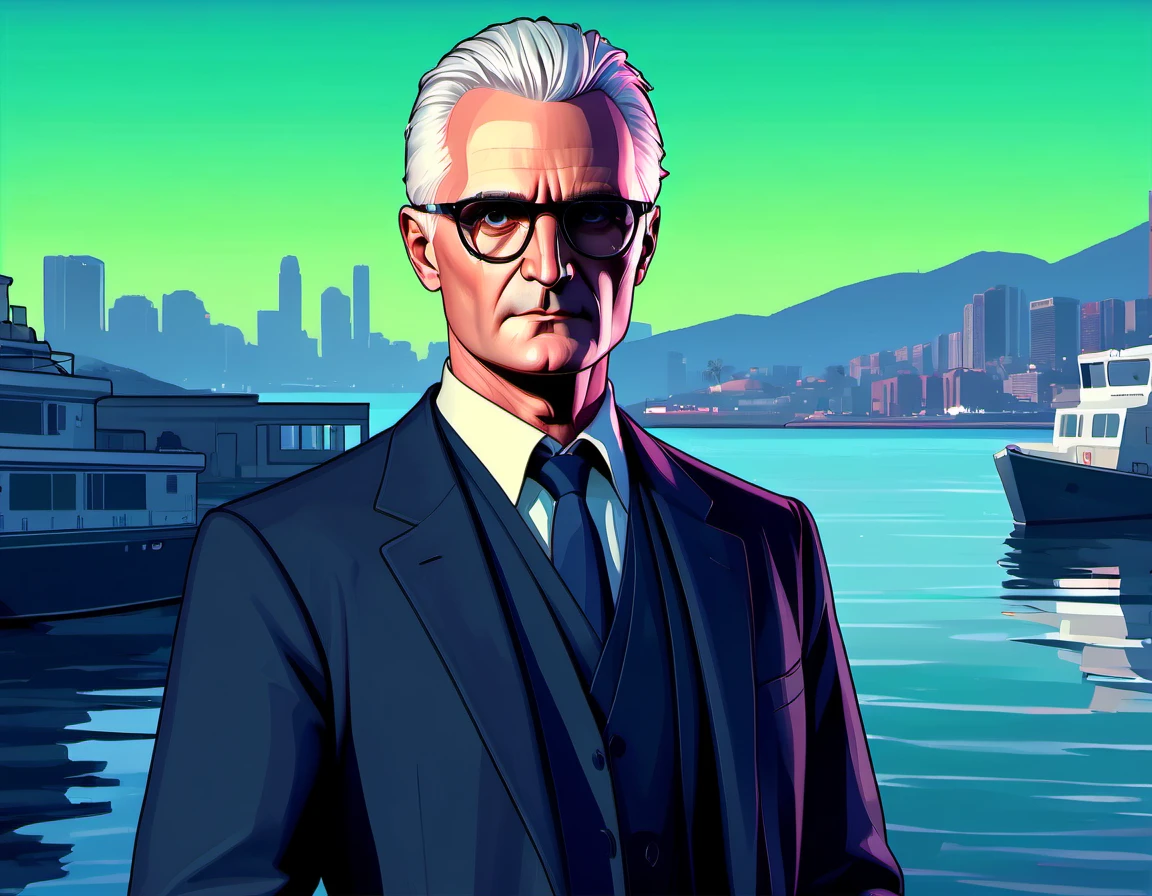 GTA-ish, 2D, beautiful gorgeous John Slattery, dockside background, (thick outline:1.2)