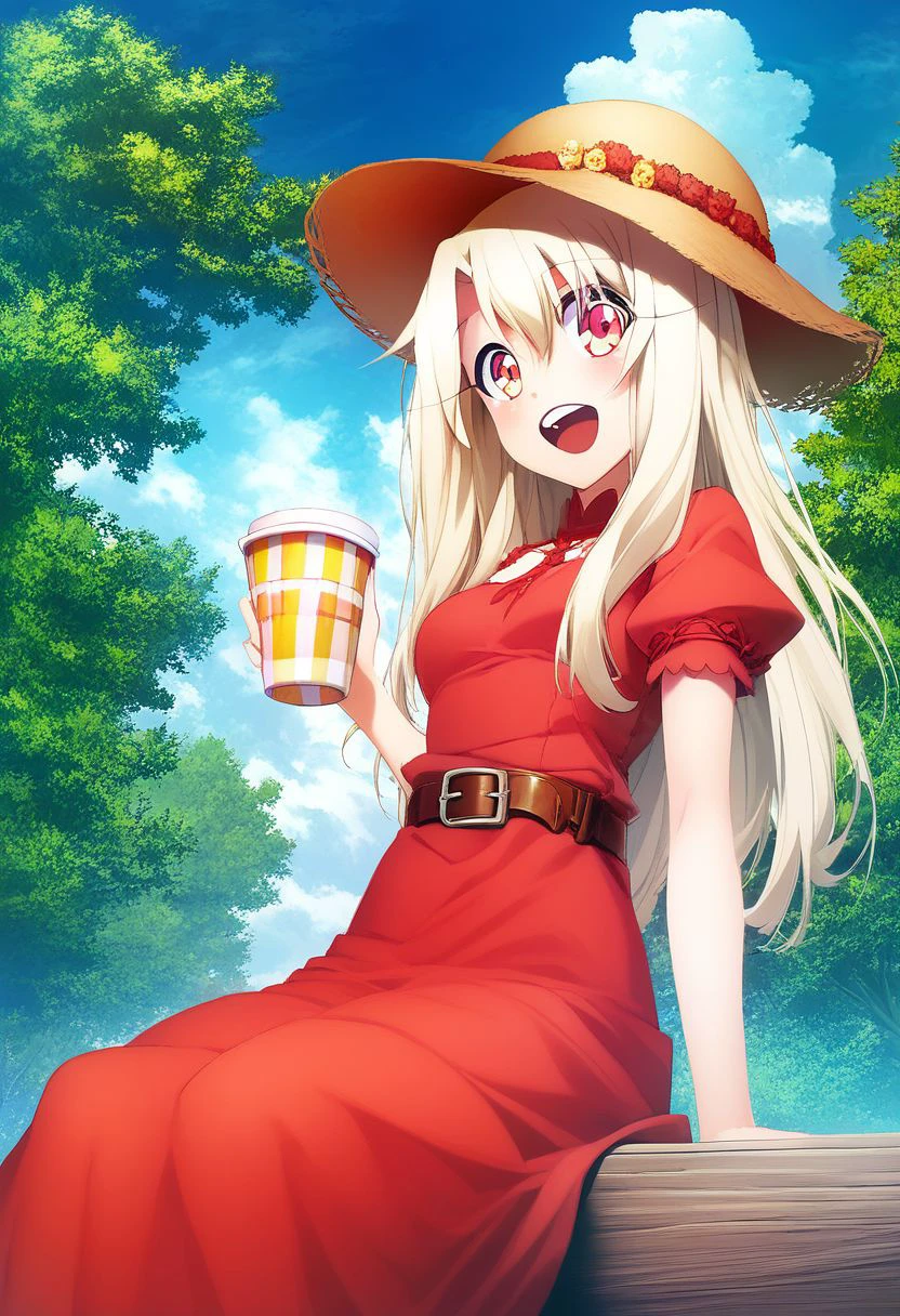 score_9, score_8_up, score_8, medium breasts, cute, eyelashes,  
1girl, belt, blonde hair, blue sky, cloud, cloudy sky, cup, day, dress, hair between eyes, hat, headwear request, holding, holding cup, illyasviel von einzbern, long hair, open mouth, outdoors, red eyes, short sleeves, sidelocks, sitting, sky, solo, tree