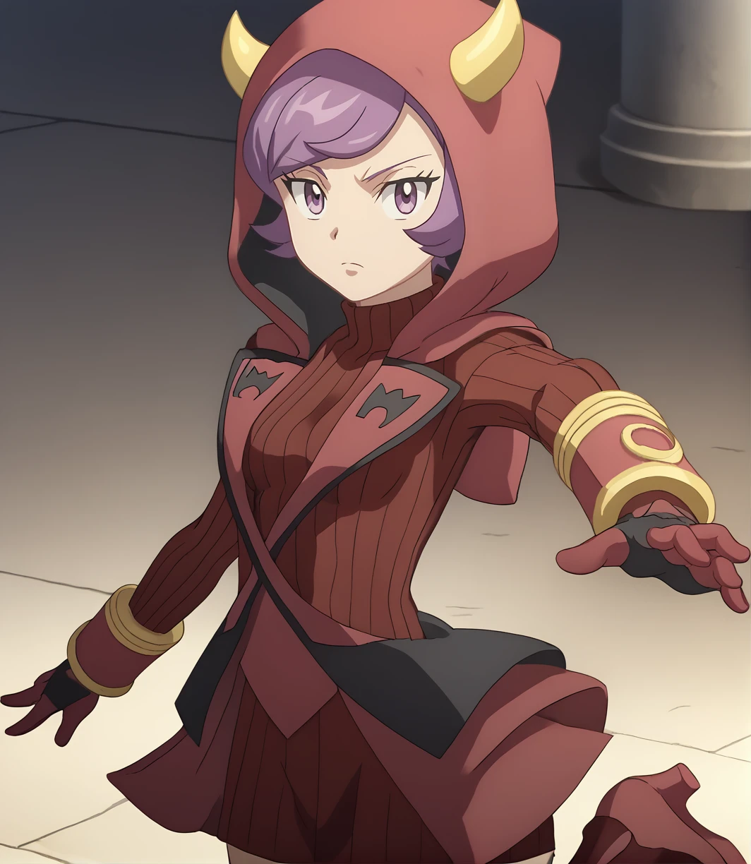 score_9,score_8_up,score_7_up,score_6_up,source anime BREAK, anime screencap
1girl, solo, courtney (pokemon), purple hair, swept bangs, eyelashes, purple eyes, short hair, medium breasts,
hood, hood up, horned headwear, team magma uniform, ribbed sweater, fake horns, turtleneck dress, hoodie, gloves, knee boots, heels, red dress,
cowboy shot, outdoors, dark background, dynamic pose,
<lora:courtney_v1_0:1> <lora:Anime Screencap_epoch_10:1>