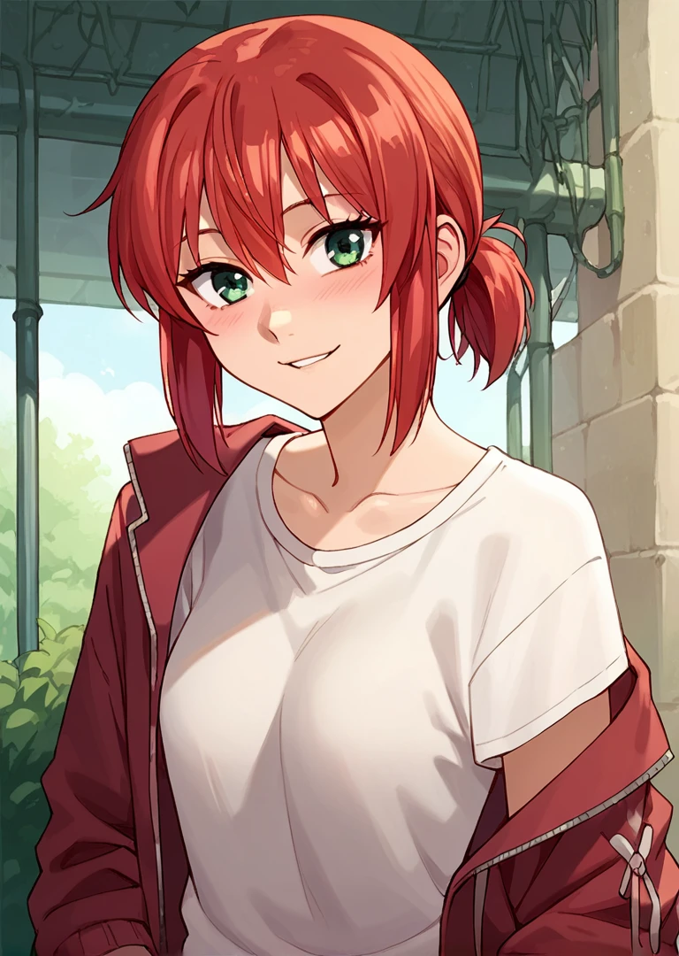 score_9, score_8_up, score_7_up, 1girl, Hatori Chise, red hair, green eyes, short hair, looking at viewer, short ponytail, cute smile,