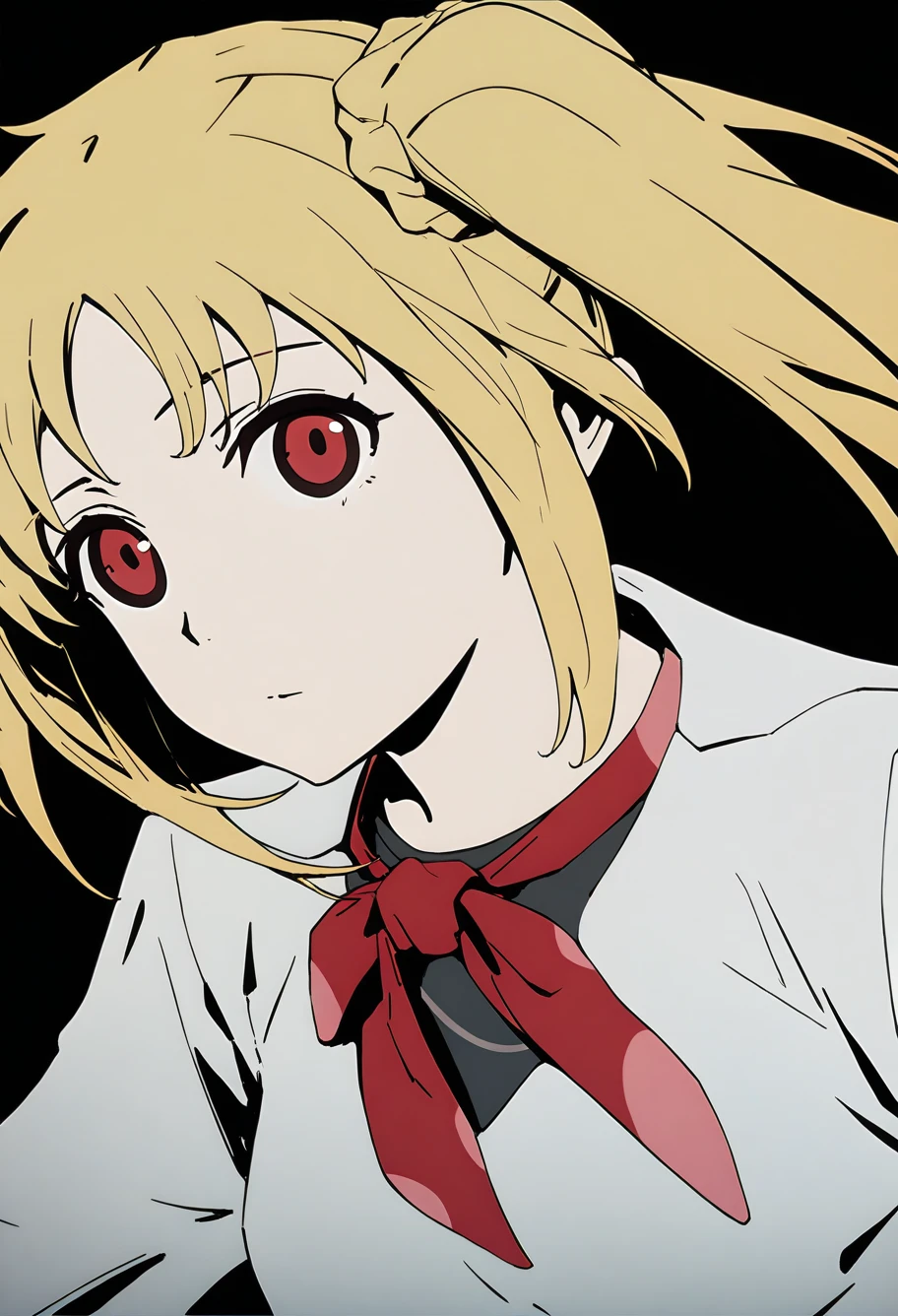 1girl,solo,cytus ii sytle,ijichi nijika,blonde hair, red eyes,red bow,white shirt,side ponytail ,looking at viewer,black background,newest,medium quality,general,masterpiece,<lora:cytus_v0.9-000018:1>,