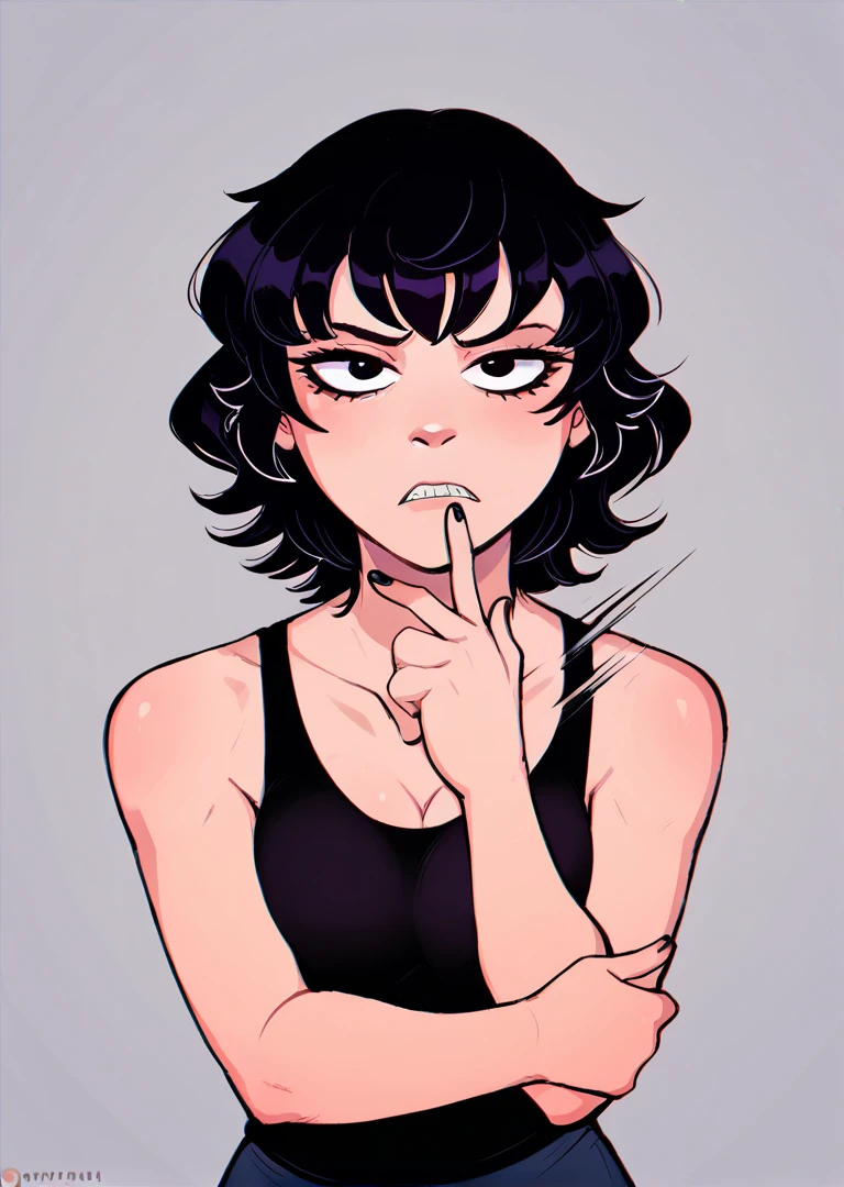 score_9, score_8_up, score_7_up, 1girl, nafra, short hair, black hair, frown, teeth, eyelashes, eyeliner, black eyes, black tank top, looking at viewer, medium breasts,