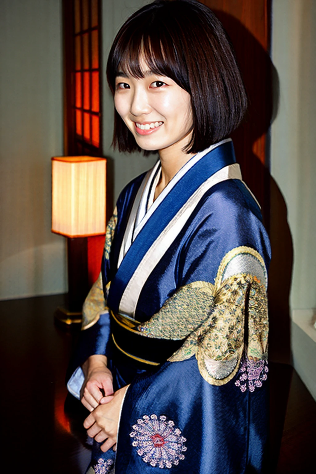 best quality and best aesthetic,a photo of a japanese woman named sumire kuramoto, solo, Wearing a printed kimono with detailed embroidery, smile, looking at viewer,short hair, teeth, plaid, open mouth, bend over,face close-up,
standing, indoors, window, bangs, bob cut, curtains,
<lora:sumire kuramoto_V1:0.9>,flash photography,<lora:flash photography photoV3:0.4>
nigth bedroom background,lamp on table, film grain,cinematic,<lyco:film grainV3:0.4>,