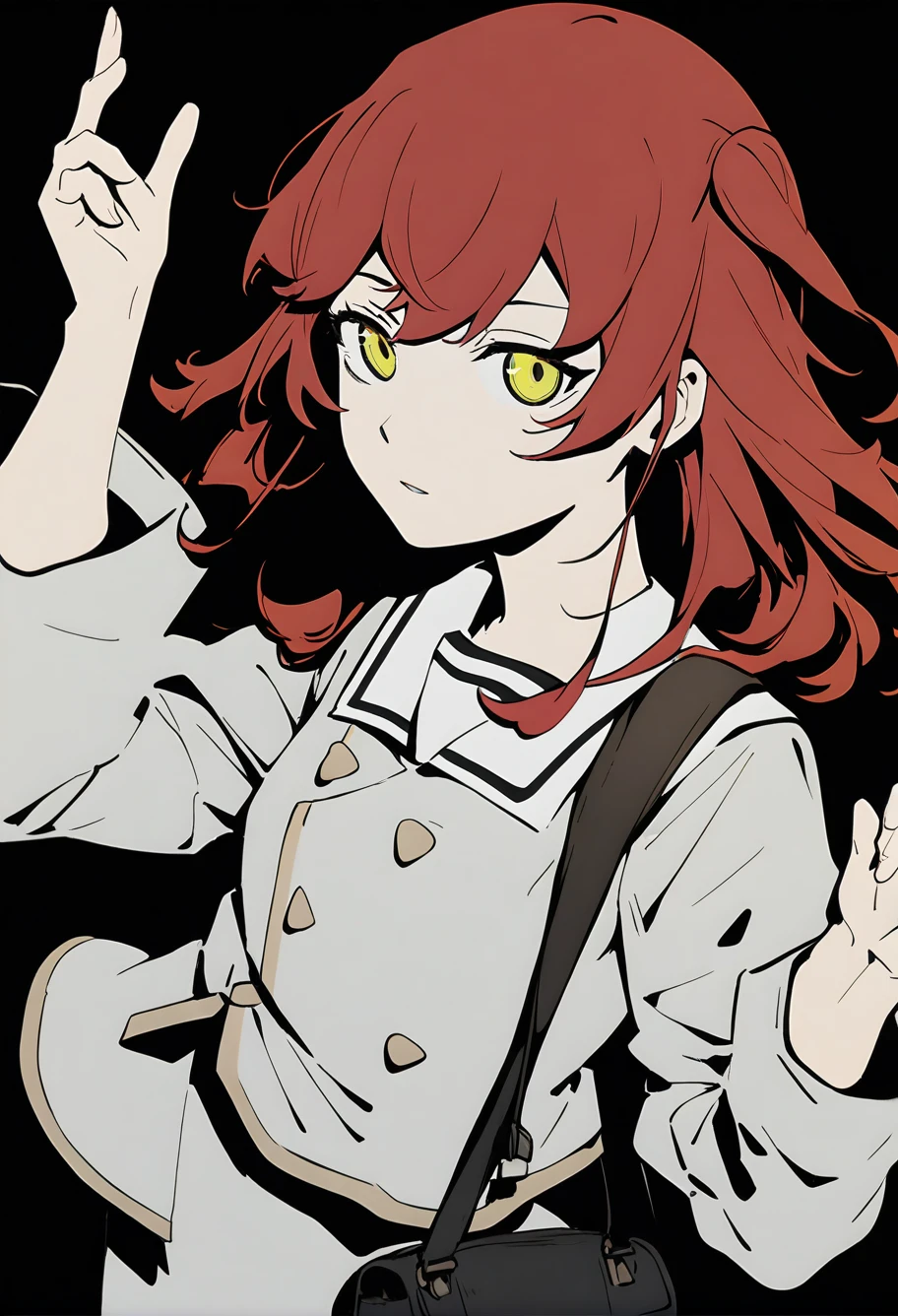 1girl,solo,cytus ii sytle,kita ikuyo,red hair,yellow eyes,white serafuku,black bag,looking at viewer,black background,newest,medium quality,general,masterpiece,<lora:cytus_v0.9-000018:1>,