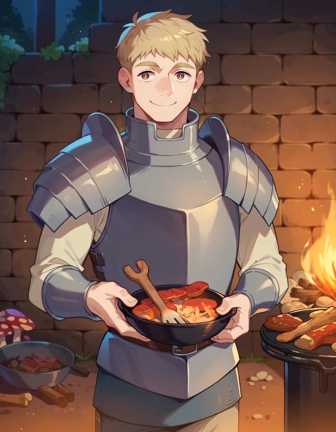 score_9, score_8_up, score_7_up, score_6_up, source anime, BREAK
<lora:dungeon_meshi_laios:0.8> soialpnxl, laios thorden, 1boy, dungeon meshi, male focus, armor, food, campfire, cooking, mushroom, closed mouth, smile, solo, cowboy shot