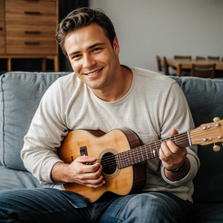 photo of a man, (depth of field:1.1), wearing a casual outfit, holding a guitary, in a living room, sitting on a couch, smiling, masterpiece, highness, perfect face, perfect picture, detailed eyes, sharp focus, High detailed view, looking at viewer, detailed, high quality, m4r10n,  <lora:brando301:.5>