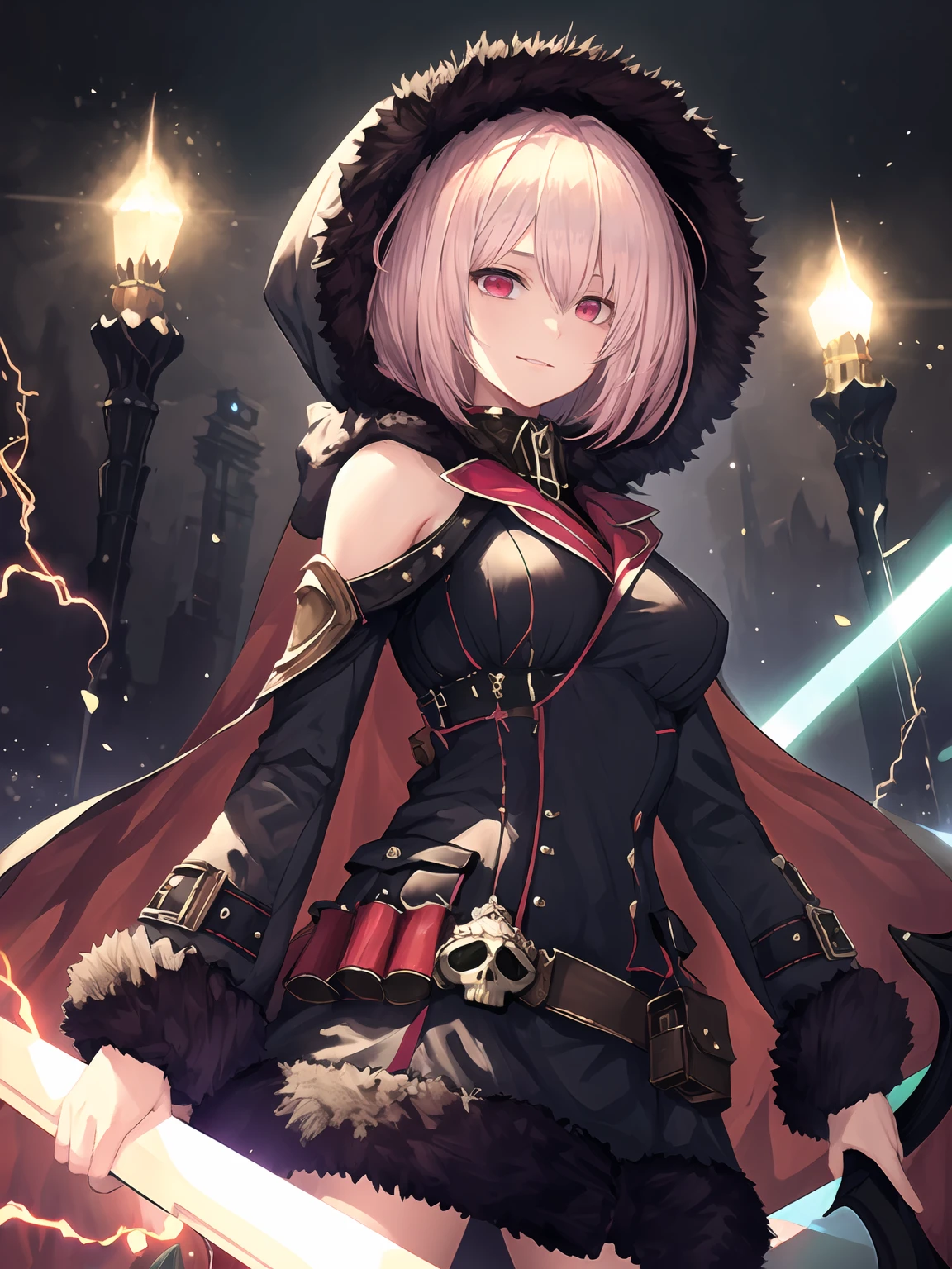 masterpiece,best quality,highres,cinematic lighting,dramatic angle,1girl,<lora:ShadowverseWizardessOfOzV2-000016:0.8>,pink hair,short hair,red eyes,black dress,cape,gold trim,skull,belt,pocket,hood,fur trim,looking at viewer,evil smile,depth of field,head tilt,shaded face,glowing eyes,holding weapon,huge weapon,electricity,liightning,floating objects,magic,bare shoulders,<lora:flat2:-0.25>