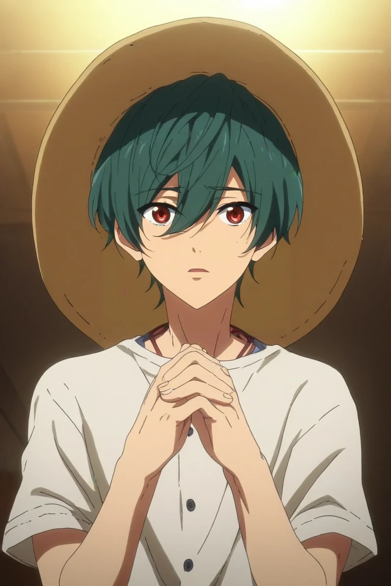 score_9, score_8_up, score_7_up, source_anime, anime screencap, , , looking at viewer, upper body, , 1boy, solo, male focus, <lora:ikuya_kirishima_pony:0.82>, ikuya_kirishima, green hair, red eyes, hair between eyes, short hair, bangs, aged down, , sun hat, The Valley of the Lost, Hands on heart, showing sincerity, <lora:sdxl_lightning_8step_lora:1>