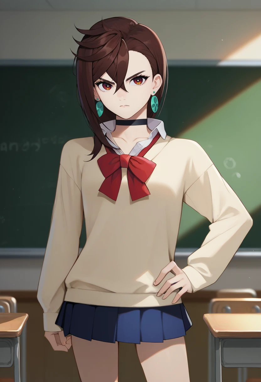 score_9, score_8_up, score_7_up, source_anime, solo, 1girl, ayase momo, expressionless, looking at viewer, standing, hand on own hip, school uniform, brown sweater, long sleeves, white shirt, collared shirt, red bow, blue skirt, pleated skirt, earrings, black choker, indoors, classroom <lora:dandadan_ayase_ponyXL:1>