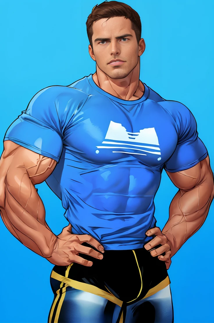 realistic, absurdres, bara, crew cut, <lora:EgonHuska:0.85>, egonhuska, muscular, muscular male, blue t-shirt, simple background, upper body, hands on own hips