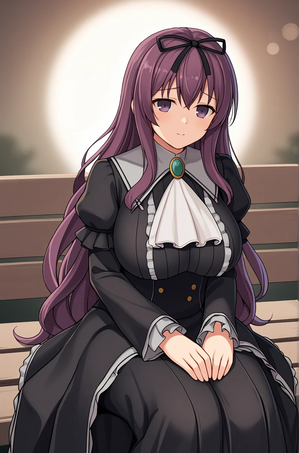 anime artwork, score_9, score_8_up, score_7_up, score_6_up, score_5_up, score_4_up, source_anime, BREAK, thick outline, fat outline,
Murasaki_XL, purple eyes, purple hair, very long hair, hair ribbon, large breasts, BREAK, shinobi_outfit, black dress, long dress, (frills:1.2), brooch, gem, long sleeves, BREAK, sitting on a bench, seductive, evening, setting sun, bokeh,
<lora:Murasaki_XL:0.7>
<lora:PersonalAmi_PonyXL:1.0>