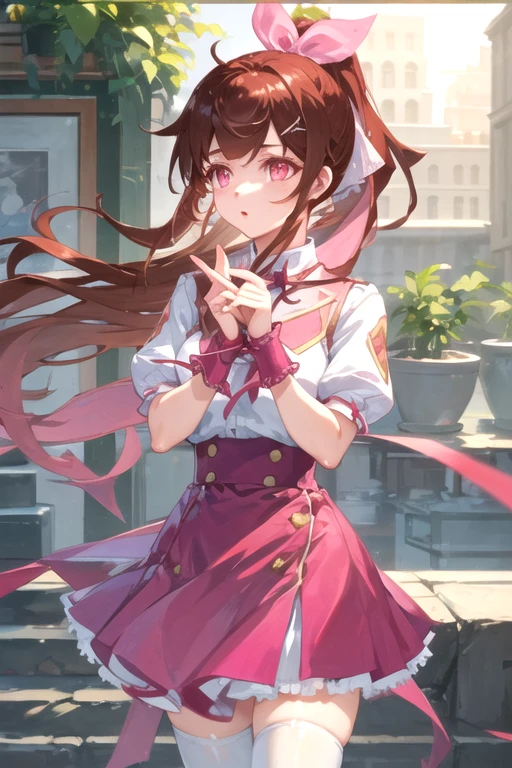 MeiGongzhi, 1girl, solo, long hair, pink skirt, brown hair, white shirt, hair ornament, white thighhighs, hair ribbon, ponytail, short sleeves, puffy sleeves, pink eyes, wrist cuffs, 