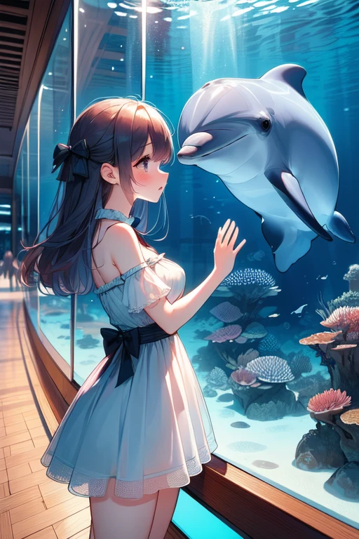 (((masterpiece, best quality, very aesthetic, absurdres))), ((public aquarium)), ((dolphin underwater)), ((look at each other)), ((glass)), dress, bow, reflection, wooden floor, solo, 1girl, ribbon, sweat, shy, blush, parted lips, pretty face, big tits, slim figure,<lora:girllikedolphinunderwater:0.9>