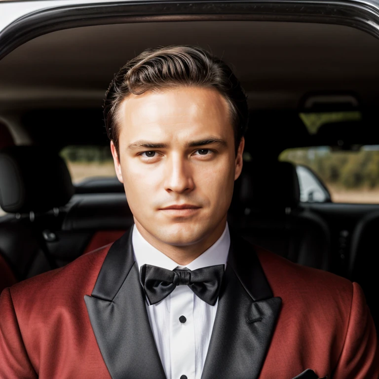 photo of a man, (depth of field:1.1), wearing a red tuxedo, in a car, masterpiece, highness, perfect face, perfect picture, detailed eyes, sharp focus, High detailed view, looking at viewer, detailed, high quality, m4r10n,  <lora:brando301:.5>