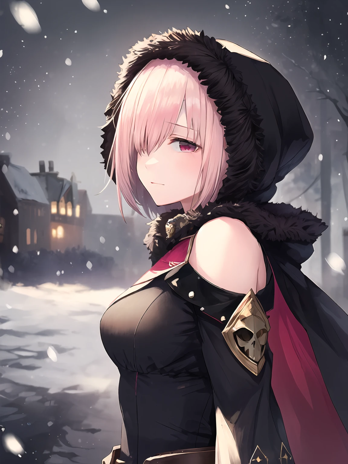 masterpiece,best quality,highres,cinematic lighting,dramatic angle,1girl,<lora:ShadowverseWizardessOfOzV2-000016:0.8>,pink hair,short hair,red eyes,black dress,cape,gold trim,skull,belt,pocket,hood,fur trim,looking at viewer,evil smile,depth of field,blurry background,snow,snowing,snowflakes,blizzard,wind,from side,turning head,expressionless,(monochrome:1.2),clothing  cutout,strong wind,motion blur,bare shoulders,<lora:flat2:-0.25>