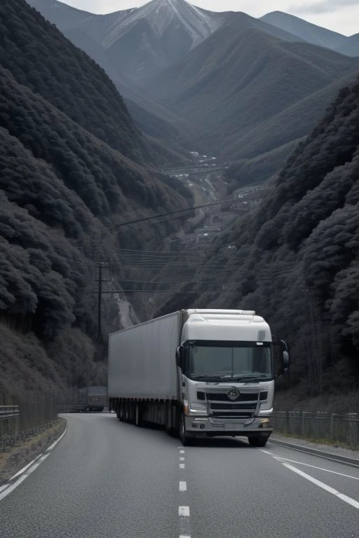 high quality:2, best quality:2, realistic, 3D, Delicate modeling, 
japanese truck:2, a truck on road, look from outside, outdoor, running high speed, motion blur, look from below,
at Japan mountain district, mountain backgyound, winding road, , driving on the right-hand side,
monochrome, manga style:2,