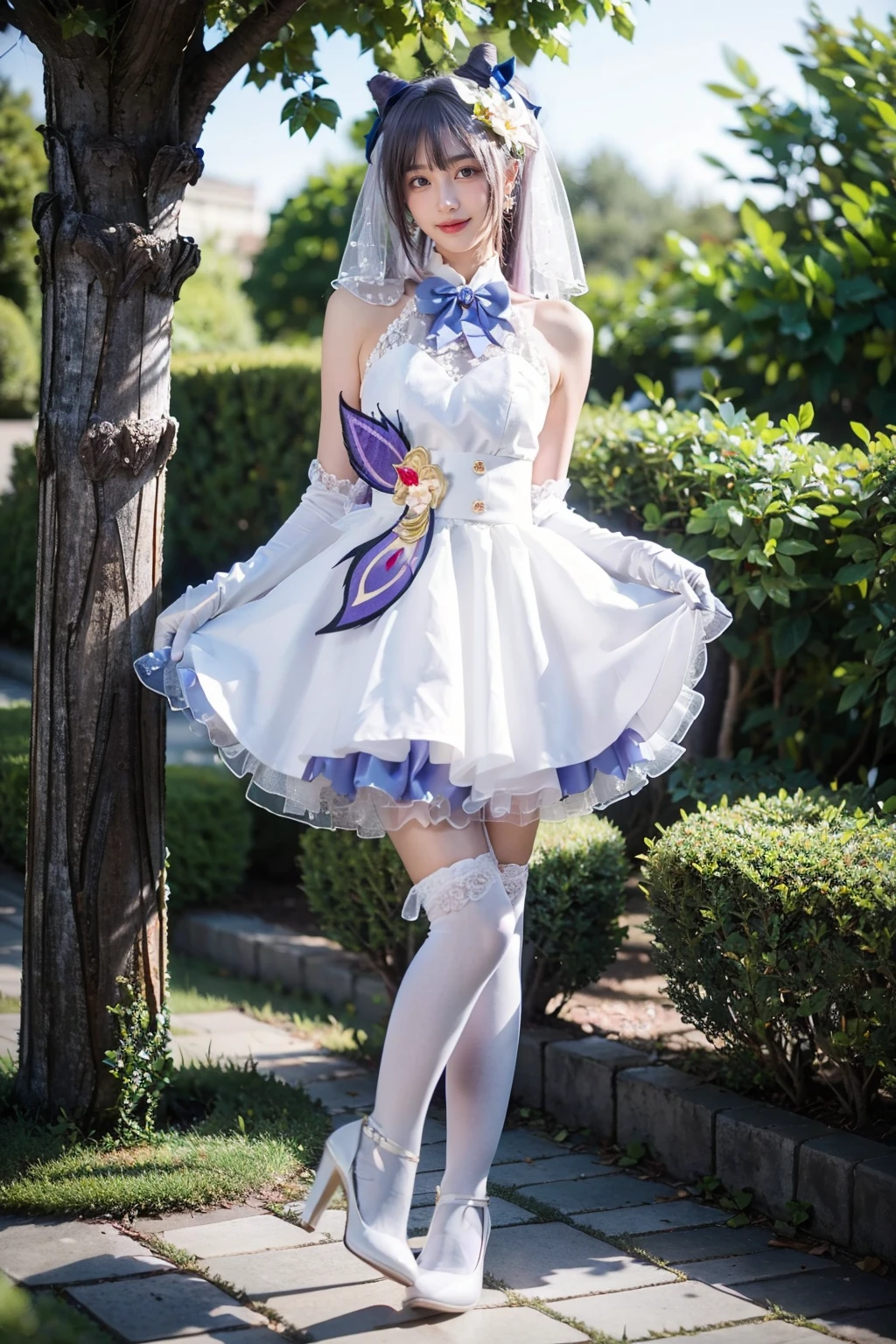 best quality, masterpiece, realistic, photorealistic, 1girl, solo, looking at viewer, smile, standing, full body, keqing cosplay costume, keqing, cosplay, alternate costume, purple hair, twintails, long hair, hair bun, cone hair bun, dress, white dress, wedding dress, sleeveless dress, frills, lace trim, gloves, white gloves, elbow gloves, bow, bowtie, veil, bridal veil, bride, hair ornament, hair flower, hair ribbon, hair bow, thighhighs, lace-trimmed legwear, frilled thighhighs, white thighhighs, high heels, outdoors, garden, flower, tree, water, detailed background, <lora:Genshin_Keqing_WeddingDress_cosplay_v1:0.75>