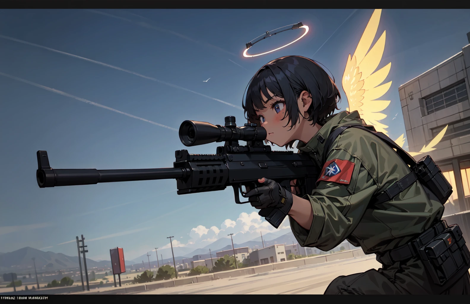 (masterpiece, best quality),1girl, solo, desert city background, outdoors,vibrant color, street wear clothing, short hair, night sky, cloud, black short hair , tanned skin, tanned face, wing, flying, glowing halo, depth of field, cinematic, looking at camera,(holding, holding_gun:1.0), from side, (assault rifle, gun, machine gun, rifle, weapon:1.2,scope), (trigger_discipline:1.2), (aiming:1.3) <lora:9k GUN:0.3>