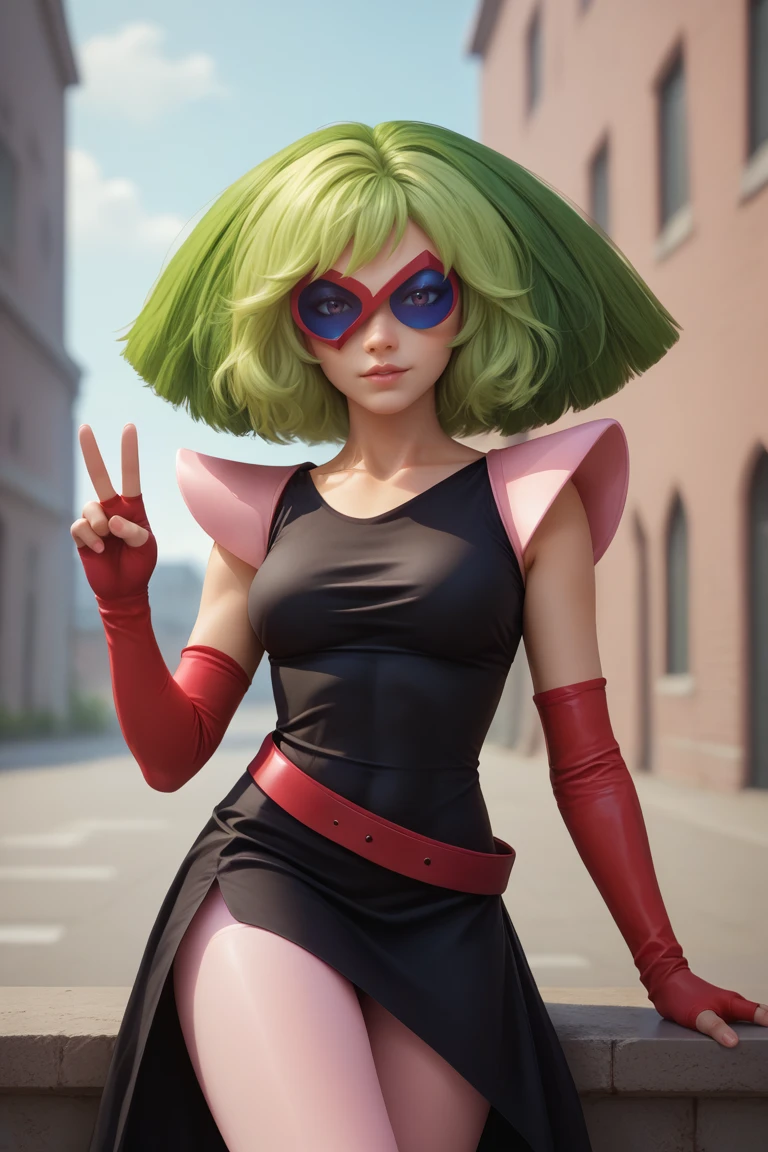 score_9, score_8_up, score_7_up, BREAK, 1girl, solo,  <lora:melodiash-guy-PONYv1:1>, melodiash,  two-tone hair, green hair, tinted eyewear, elbow gloves, fingerless gloves, red gloves, black dress, red belt, pink pantyhose, shoulder pads, looking at viewer, v,