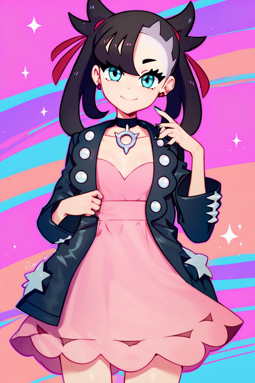 high resolution, score_9, score_8_up, score_8, medium breasts, cute, eyelashes , marnie \(pokemon\), aqua eyes, black choker, red ribbon, pink dress, jewelry, black jacket, open clothes, long sleeves, solo, smiling, looking at viewer, cowboy shot, , <lora:CuteCitron:1>,