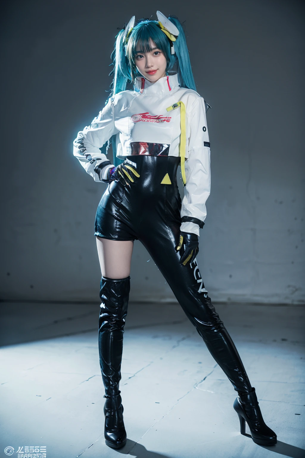 best quality, masterpiece, realistic, photorealistic, 1girl, solo, looking at viewer, smile, standing, full body, arms at side, hatsune miku cosplay costume, hatsune miku, racing miku, cosplay, twintails, aqua hair, very long hair, bodysuit, black bodysuit, asymmetrical bodysuit, crop top, white crop top, cropped jacket, white cropped jacket, long sleeves, logo on crop top, logo, print bodysuit, hair ornament, gloves, two-tone gloves, clothes writing, single legwear, single thigh boot, high heel, grey background, <lora:miku_cosplay_Racing2022_v1:0.75>
