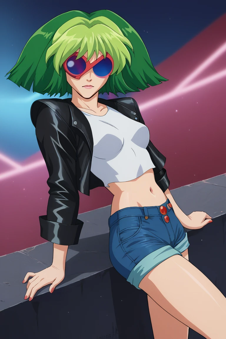 score_9, score_8_up, score_7_up, BREAK, 1girl, solo,  <lora:melodiash-guy-PONYv1:.9>,  melodiash, green hair, two-tone hair, tinted eyewear, leather jacket, denim shorts,