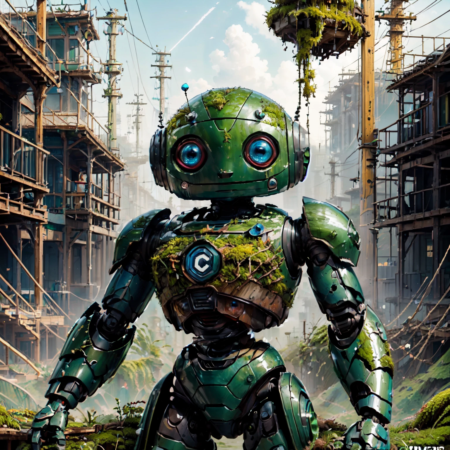 (masterpiece), best quality, high resolution, highly detailed, perfect lighting,   <lora:CivBot_v2:0.8>,  CivBot, blue eyes, upper body,  CivitAI, C, letter c,  covered in moss, plants, nature, rust, (moss:1.2),