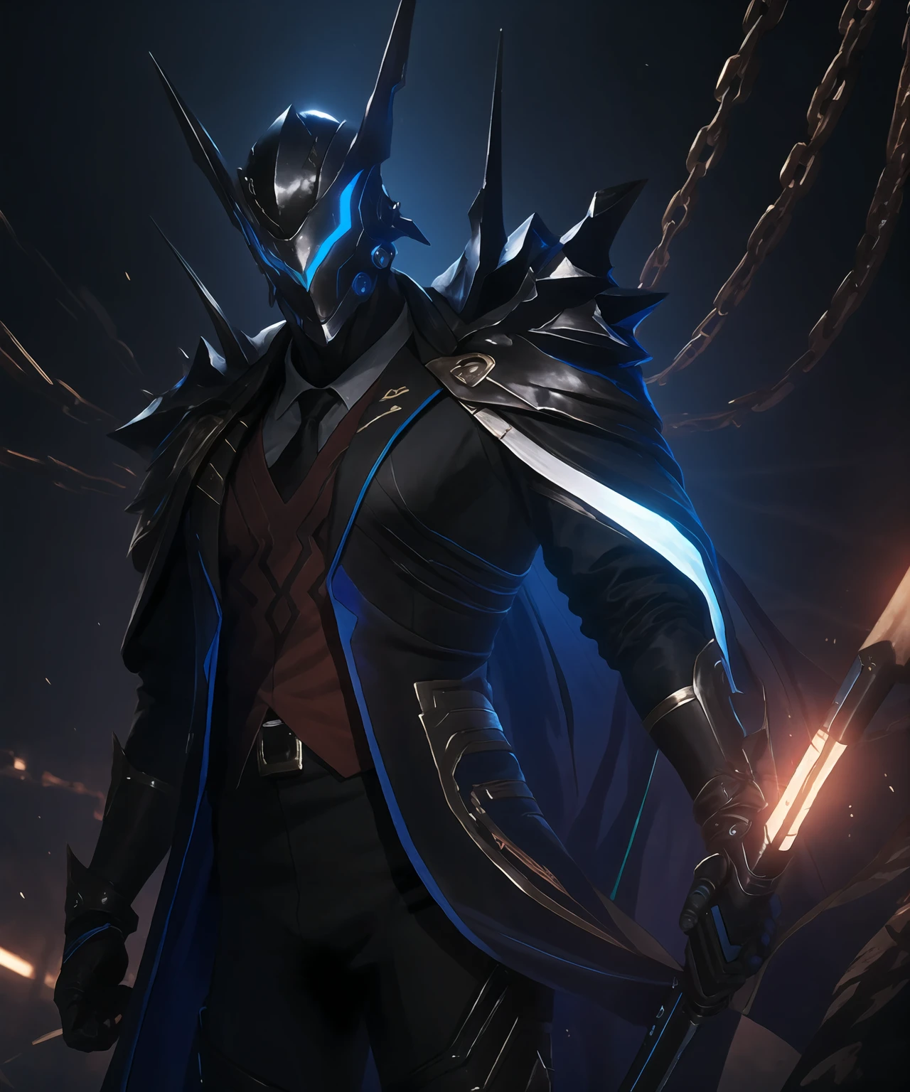 masterpiece,best quality,highres,cinematic lighting,dramatic angle,1boy,<lora:ShadowverseKyrzaelV5:0.8> ,helmet,circlet,black armor,white shirt,necktie,black suit,cape,looking at viewer,grasp,hand up,portrait,chain,depth of field,holding weapon,horns,spikes,holding gun