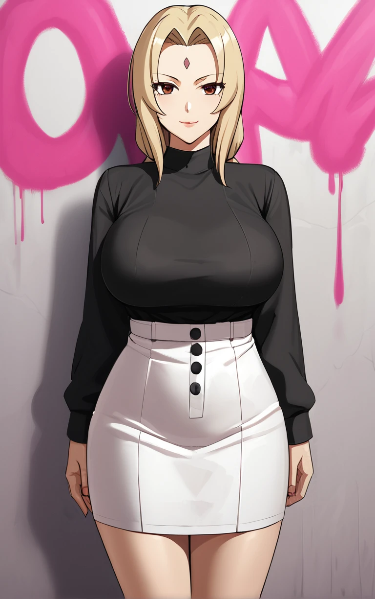 score_9, score_8_up, score_7_up, solo, BREAK PONYXL_GraffitiWall_ownwaifu, 1girl, tsunade, large breasts, looking at viewer, graffiti, closed mouth, standing, contemporary, against wall, pink theme,
 <lora:PONYXL_GraffitiWall_ownwaifu:0.9>