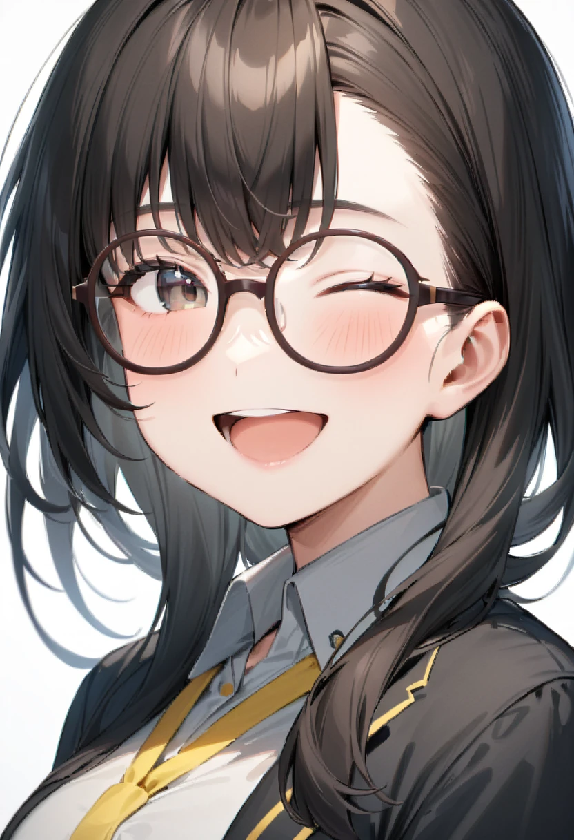 masterpiece, best quality, very aesthetic, absurdres,
1girl, solo, black hair, long hair,
g-boston19s,  glasses, brown-framed eyewear,
collared shirt, happy, smile, looking at another, white background, simple background,
<lora:glasses_boston_19s_SDXL_V1:1>