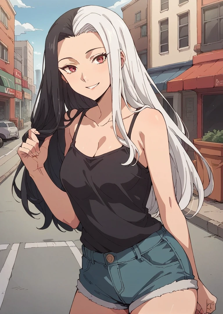 score_9, score_8_up, score_7_up, 1girl, Sofia Healey, two-tone hair, split-color hair, black hair, white hair, long hair, red eyes, looking at viewer, smile, black camisole, denim shorts, outdoors, city street