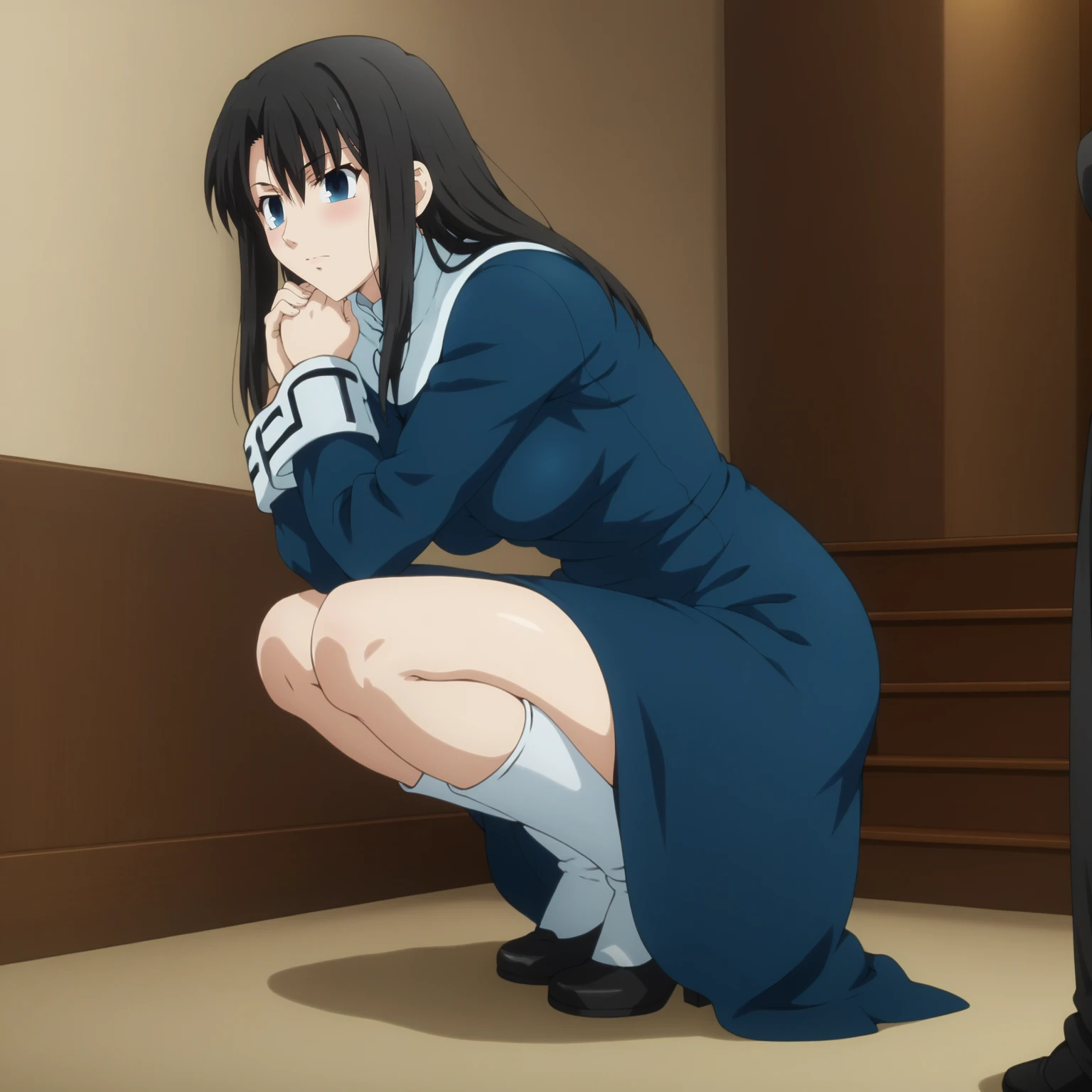 <lora:AzakaKokutouXLpony001>,
AzakaKokutou,1girl,black hair,bangs,long hair,blue eyes,
blue dress,nun,
full body,squatting,