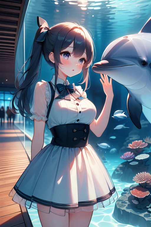 (((masterpiece, best quality, very aesthetic, absurdres))), ((public aquarium)), ((dolphin underwater)), ((look at each other)), ((glass)), dress, bow, reflection, wooden floor, solo, 1girl, ribbon, sweat, shy, blush, parted lips, pretty face, big tits, slim figure,<lora:girllikedolphinunderwater:0.9>