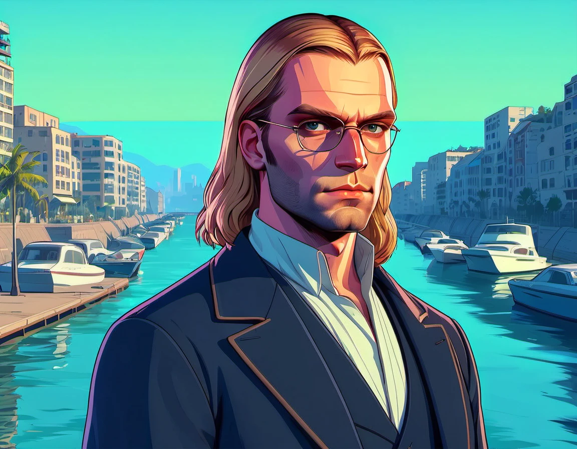 GTA-ish, 2D, beautiful gorgeous Van Hohenheim, dockside background, (thick outline:1.2)