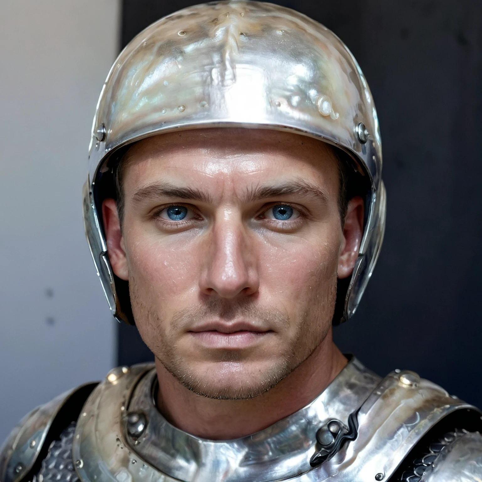 RAW photo, hero portrait of a ((male)) 30 year old warrior, wearing shiny metal armor made of mother of pearl with a helmet, full sharp, detailed face, blue eyes, (high detailed skin:1.2), 8k uhd, dslr, soft lighting, high quality, film grain, Fujifilm XT3
dappled light on face, pale skin, skin pores, oiled shiny skin, skin blemish, imperfect skin, intricate skin details, visible skin detail, detailed skin texture, blush, wrinkles, vitiligo spots, moles, whiteheads, blackhead, white pimples, red pimples, beauty spot, skin fuzz, [[[[[freckles]]]]] (perfect eyes), ((perfect hands with four fingers and one short thumb each))  <lora:polyhedron_mother-000005:1>