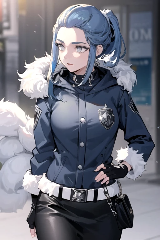 GaramJahad, 1girl, solo, long hair, black skirt, black gloves, long sleeves, blue hair, ponytail, belt, hood, fingerless gloves, grey coat, grey eyes, fur trim, 