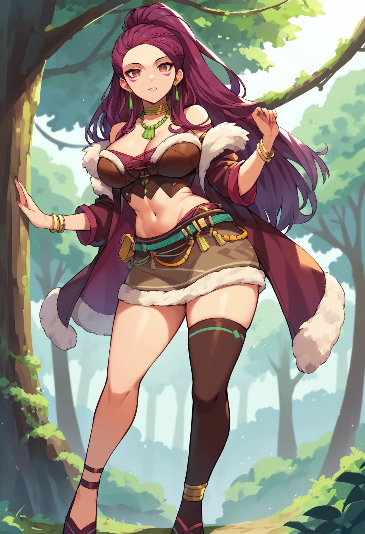 score_9, score_8_up, score_7_up,  <lora:Petra-pdxl:0.9> ,petra-ts, bracelet, braid, breasts, brown crop top, brown skirt, earrings, facial mark,fur trim,  high ponytail, long hair, one sleeve top, purple hair, gold choker, asymmetrical legwear, bracelet, halterneck, mature female, midriff, fur trimmed clothing,