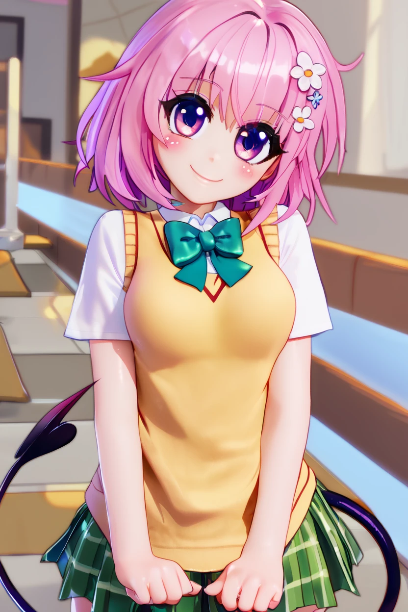 high resolution, score_9, score_8_up, score_8, medium breasts, cute, eyelashes , <lora:tlrmomo-pdxl-nvwls-v1:0.9> tlrmomo, pink hair, hair flower, green bowtie, yellow sweater vest, white shirt, short sleeves, demon tail, standing, head tilt, curvy, smile, blush, cowboy shot, looking at viewer, , <lora:CuteCitron:1.2>,