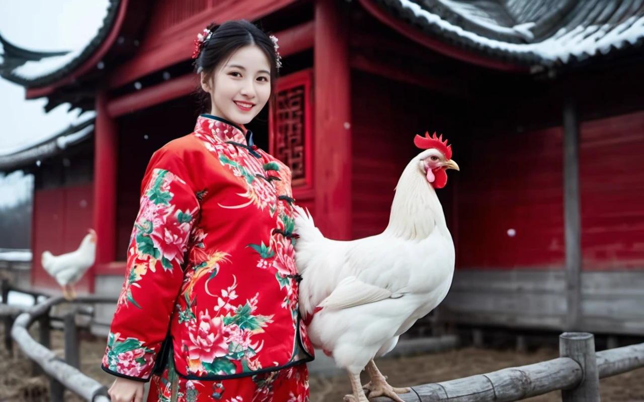 1girl,wearing a red printed cotton jacket and a pair of red printed pants,twintails,dongbeicoat,chinese dress,<lora:coat-03:0.65>,pointed patent leather high heels,flower,holding a chicken in arms on the farm,wood fence,farm,thatched houses,snow,snowing,light scattering,dark,ray tracing,deep shadow,(depth of field:1.2),action pose,dynamic pose,happy,joy,glad,grin,slim body,long legs,sophisticated and professional lighting,wide angle,view from side,side view,long shot,(perfect Anatomy:1.4)(ultra detailed skin, ultra detailed face,detailed eyes, detailed skin pores:1.2)8K, UHD, high definition photo(hyperdetailed:1.2)<lora:add-detail-xl:1>(best quality, masterpiece:1.2, photo realistic:1.4),highly detailed,ultra high res,8K,RAW,realistic shadow,(skin pores),detailed skin texture,film grain,natural shading,detailed background,professional light,