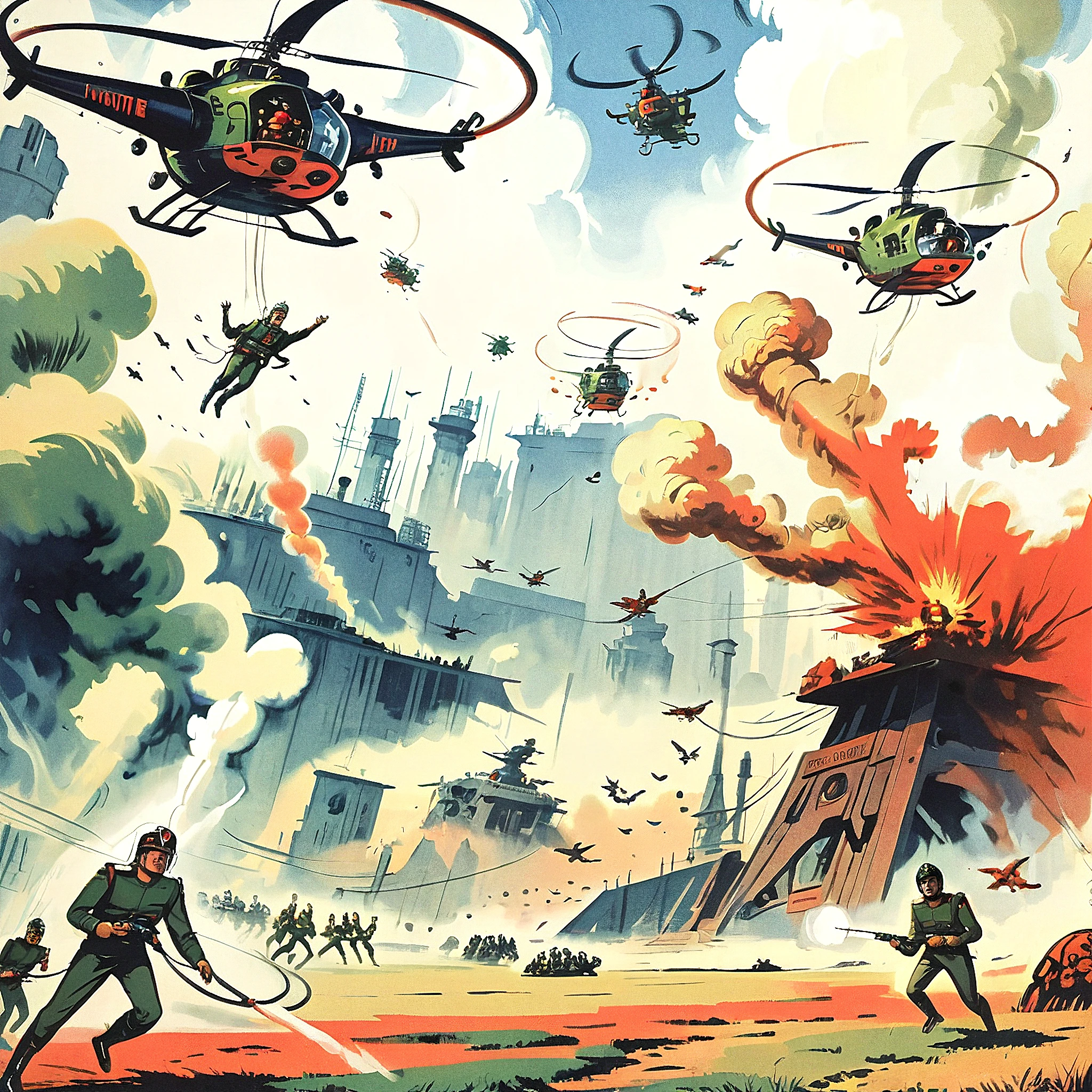 two men flying a helicopter over a battlefield, lioncom, retro artstyle, helmet, military, 2boys, weapon, uniform, science fiction, flying, battlefield, smoke, soldiers, battle,