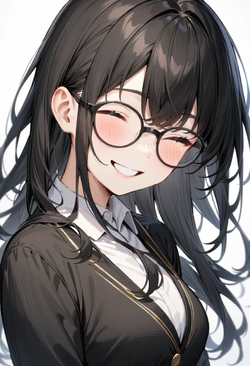 masterpiece, best quality, very aesthetic, absurdres,
1girl, solo, black hair, long hair,
g-boston19s,  glasses, black-framed eyewear,
collared shirt, happy, smile, looking at another, white background, simple background,
<lora:glasses_boston_19s_SDXL_V1:1>