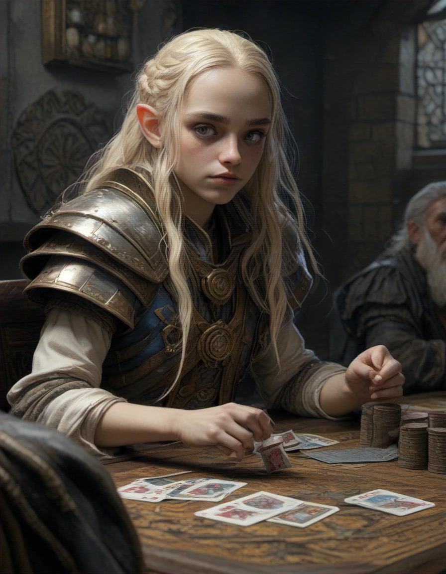 Patience from Uganda, long (waist-length:1.2) combed sandy-blonde hair, precisely drawn illustration of anime group of dwarfs playing cards, wide angle, sharp, fine details, anime, manga, cyberpunk, realistic shaded lighting by katsuhiro otomo ghost-in-the-shell, magali villeneuve, artgerm, rutkowski Jeremy Lipkin and Giuseppe Dangelico Pino and Michael Garmash and Rob Rey, moonshadow sanctuary, silvery moonlight, elusive creatures, ethereal refuge of shadows
